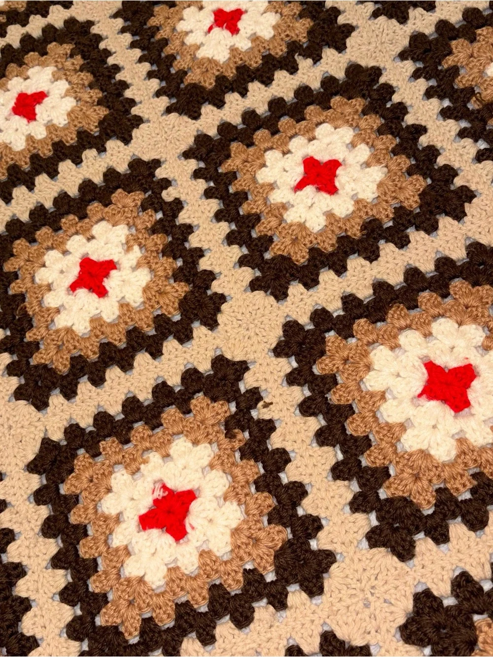 Handmade Brown & Cream Crochet Throw with Red Accents
